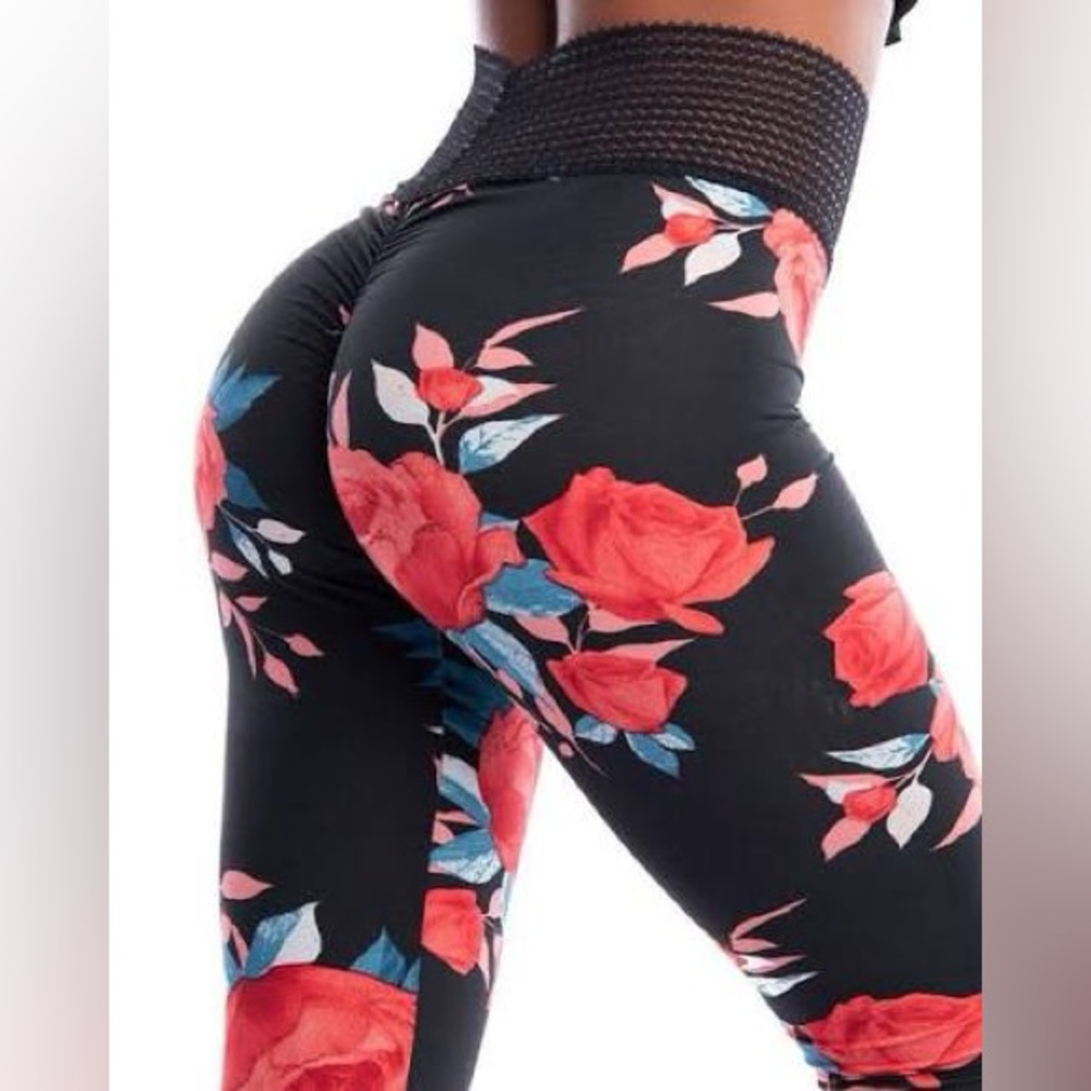 Cute Booty Leggings black fairy rose floral squiggle scrunch butt size medium M